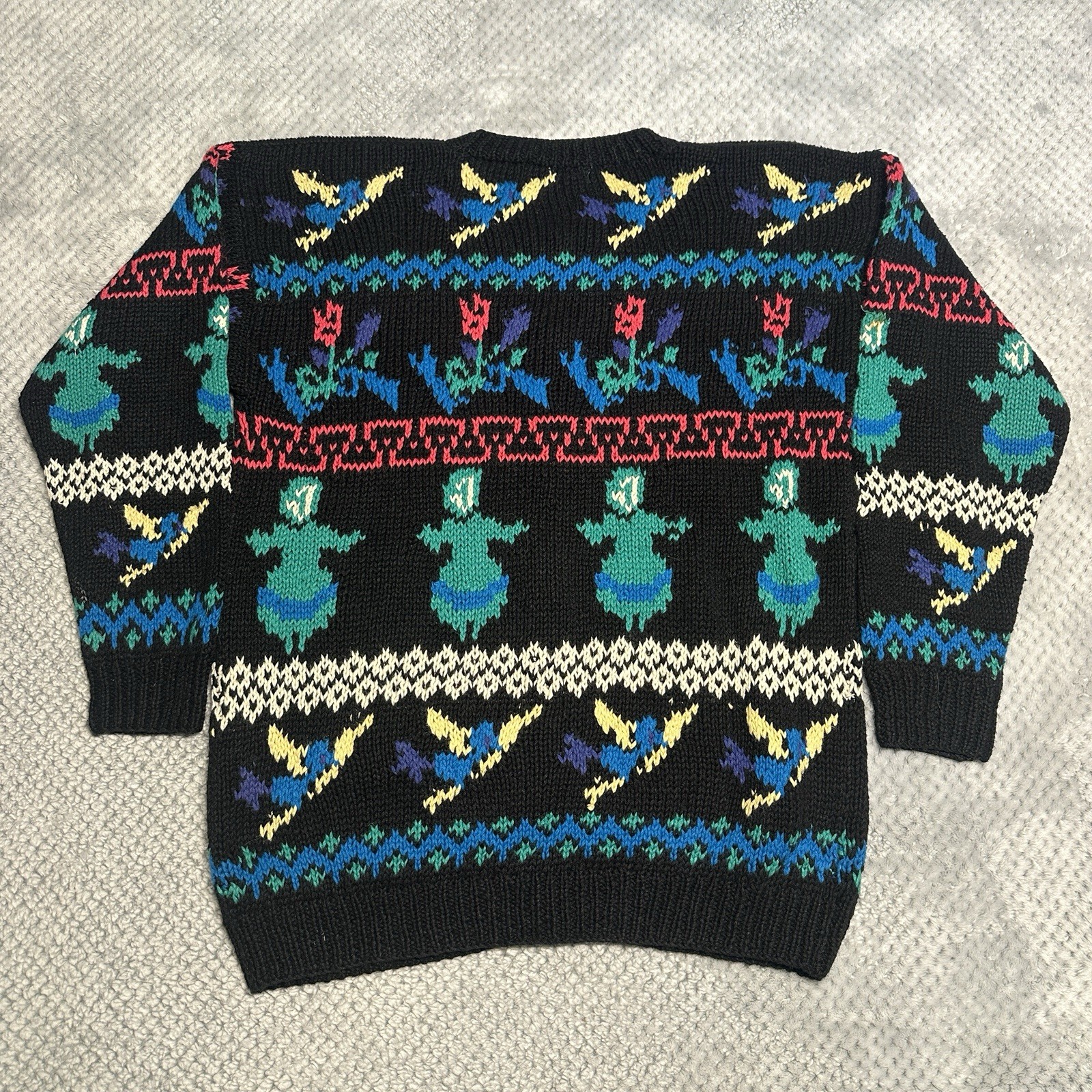 Vintage The Eagle’s Eye Chunky Cardigan Knit Sweater Medium Black Neon Flowers