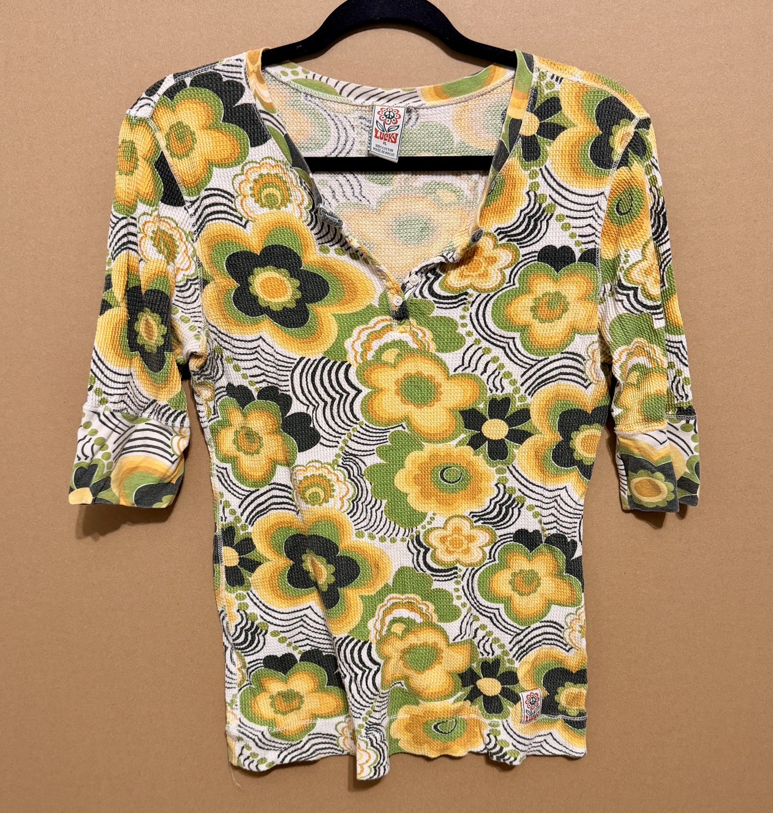 Lucky Brand Y2K Retro Waffle Knit Henley Thermal Top Green & Yellow