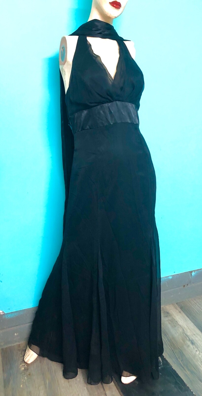 VTG Y2K WATTERS/WATTERS Black Halter Chiffon Satin Mermaid Evening Formal Gown~8