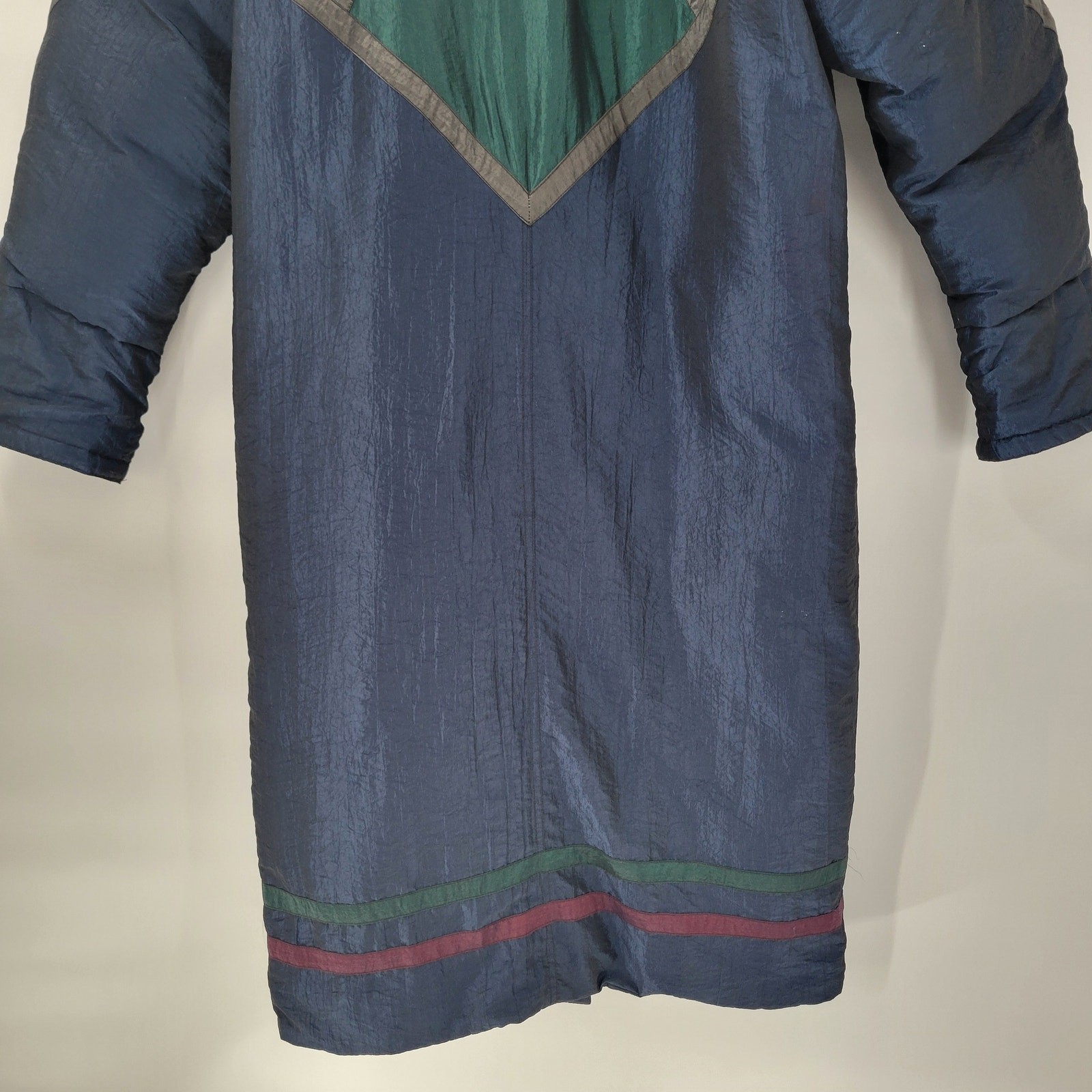 Vintage Down Fill Long Puffer Coat S Blue Red Geometric Colorblock High Collar