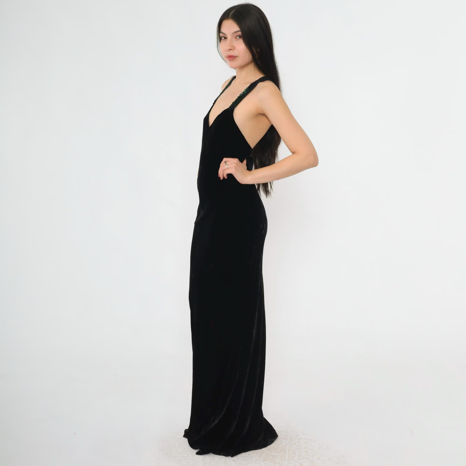 Vintage Ralph Lauren Collection Gown 90s Black Velvet Evening Dress Sequin Strap