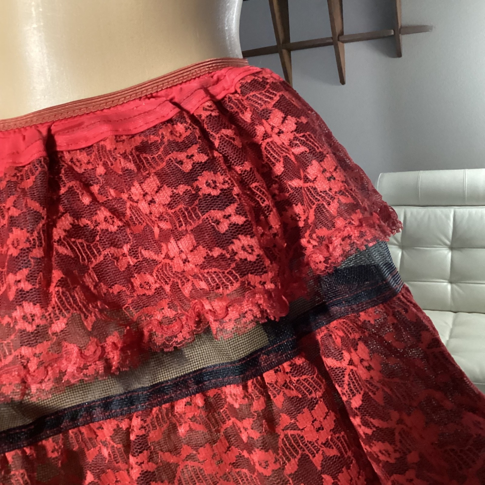 Vintage 50’s Stern Maid Red & Black Lace Tiered Rockabilly Petticoat Skirt