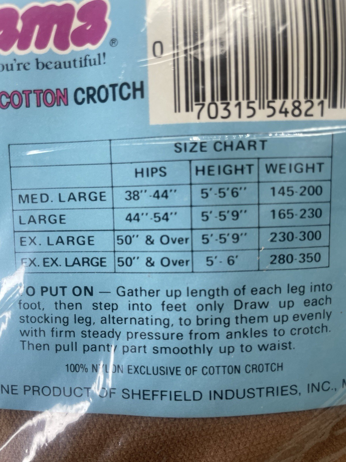 Big Mama Vintage Beigetone Pantyhose Large 5′-5’9″ 165-230lbs. 5488 New