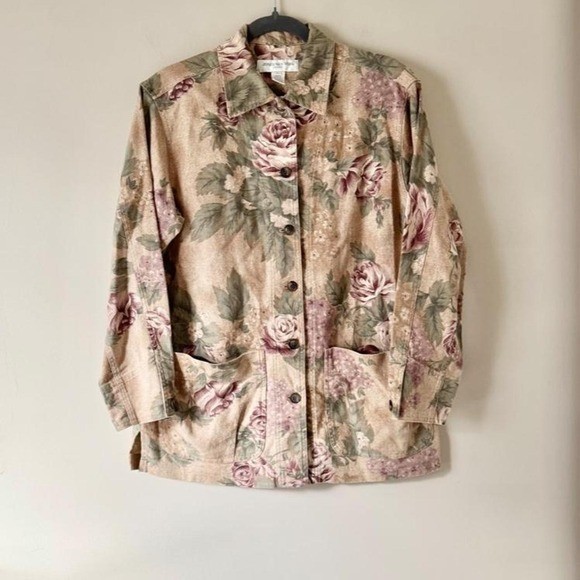 Vintage 90s Jones New York sport floral chore coat linen cotton tan pink