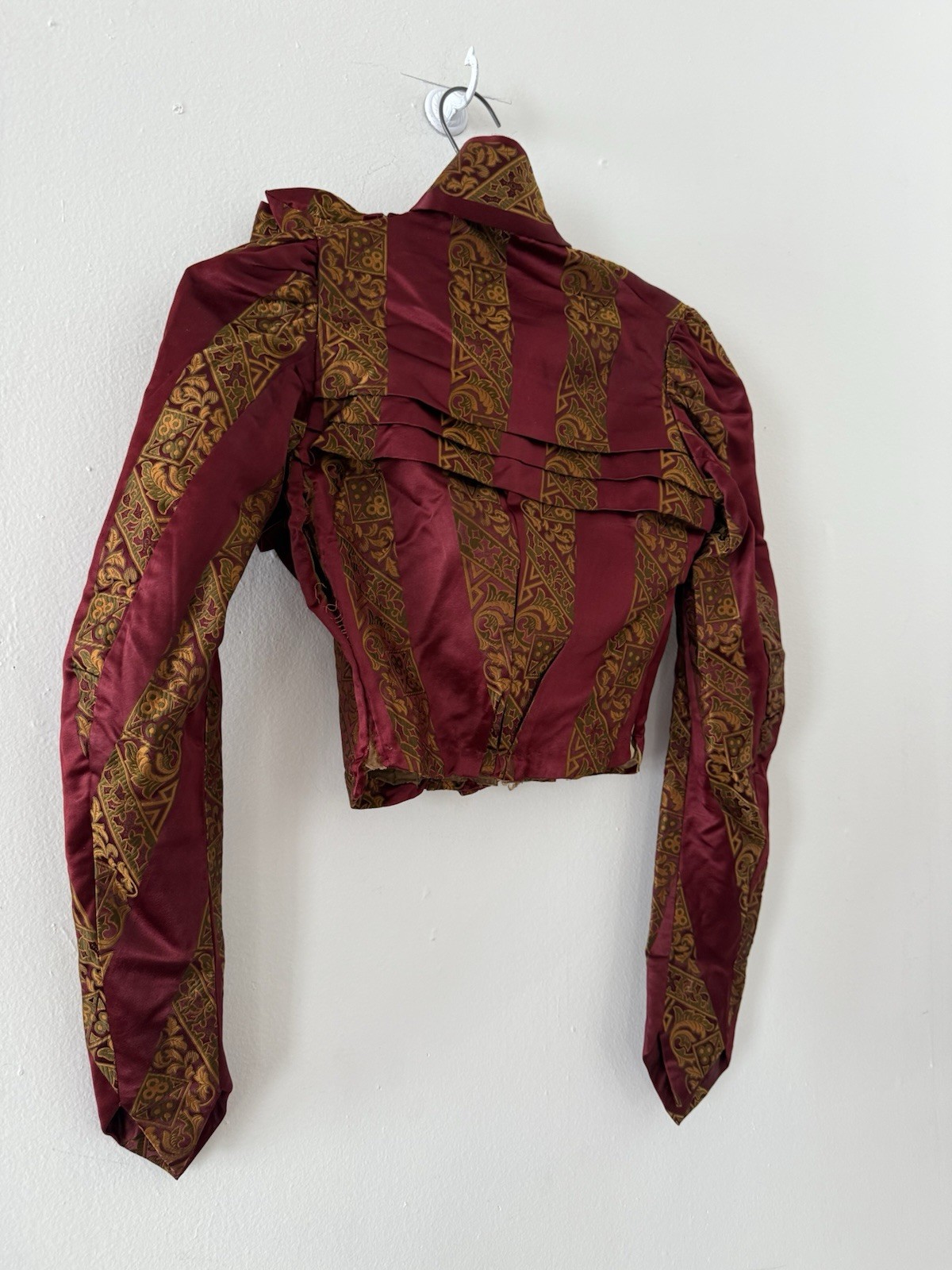 Antique Victorian Brocade Silk Satin Bodice Jewel Toned Boning 1800s XXS/XS