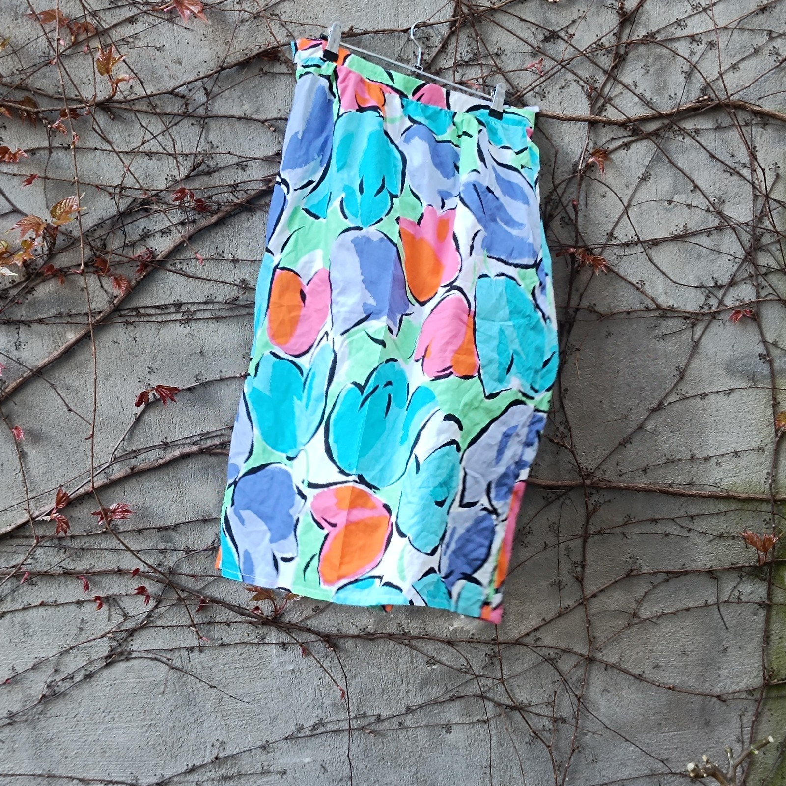 Vintage Midi Skirt Floral High Waist Cotton Multicoloured 70s A Line
