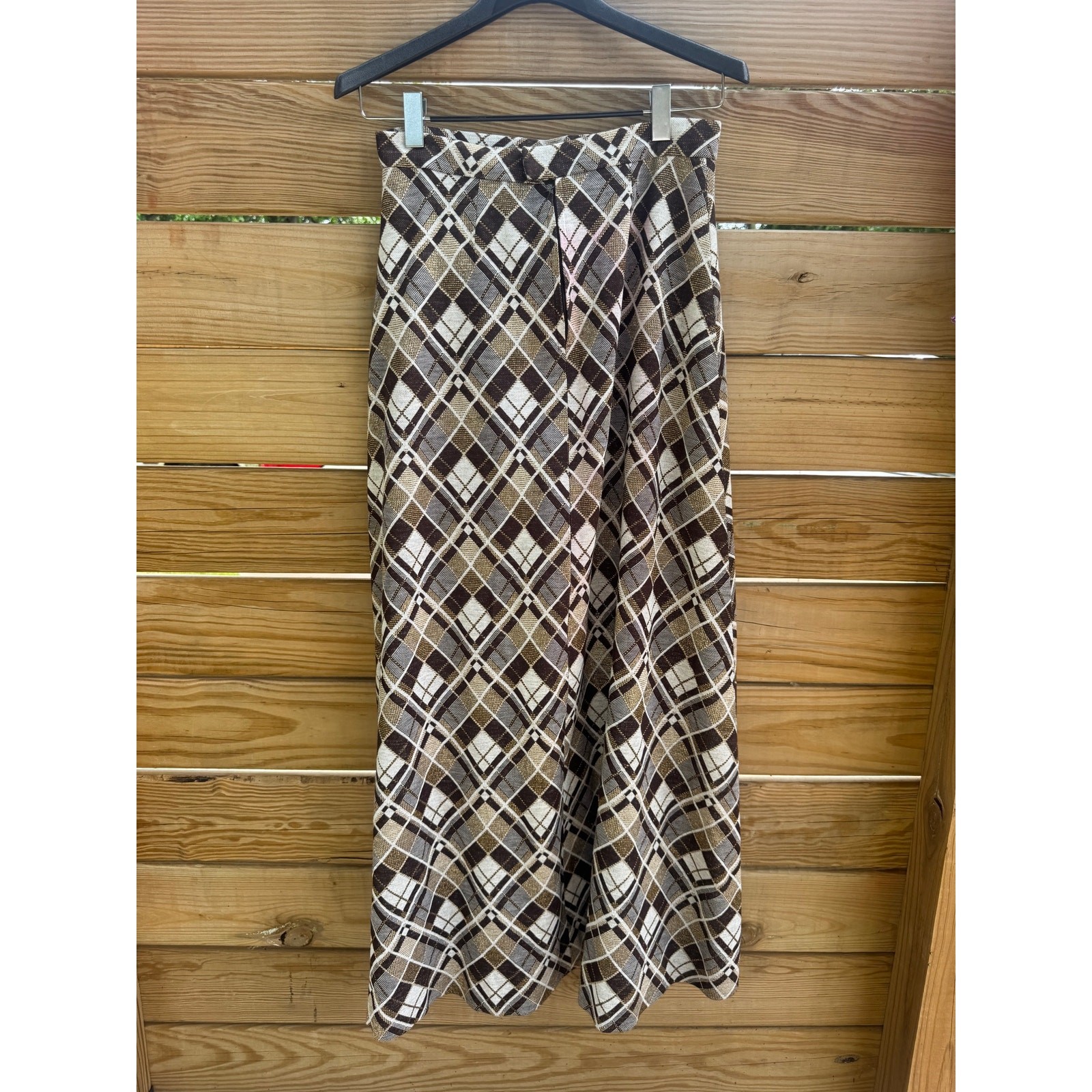 Vintage 1970s Argyle Plaid Maxi Skirt Brown Gold Metallic Lurex Knit A Line M/L