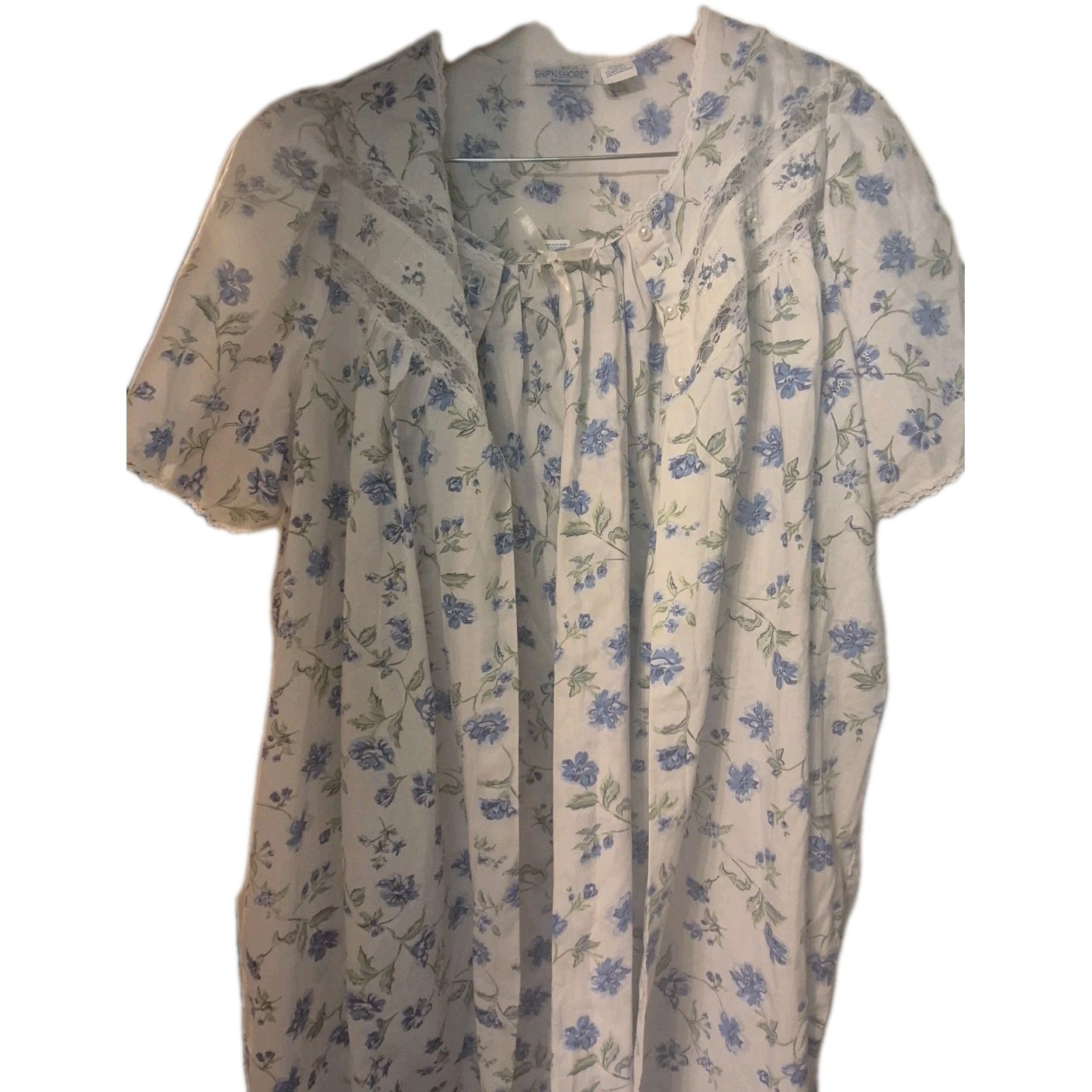 VTG Ship N Shore Nightgown & Robe Housecoat Pearl Buttons Rose Lace 1X NWOT