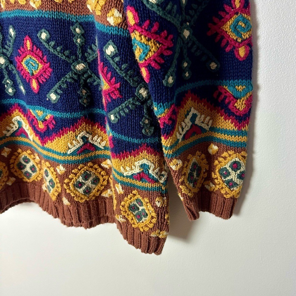 Vintage Paul Harris Brown Navy Boho Folk Tapestry Knit Sweater Small Indie 90s