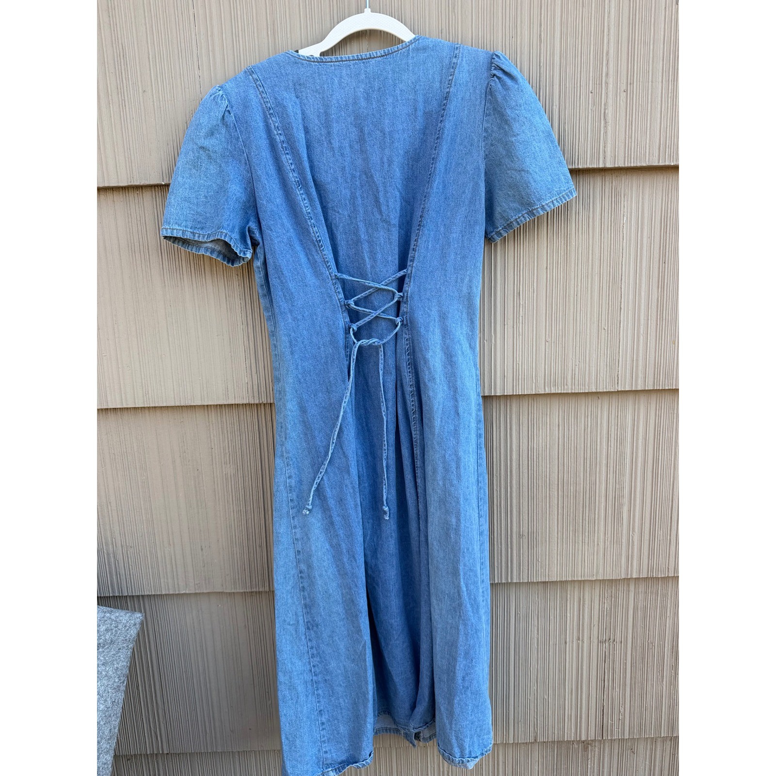 Vintage 90s Denim Button Down Midi Dress Size 10P Lace Up Back Short Puff Sleeve