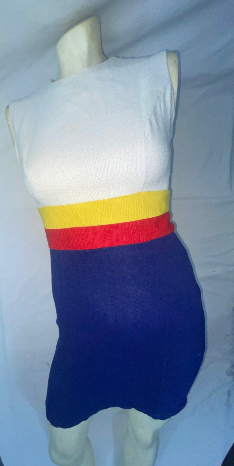 VTG 60S 70S WOMENS S BLUE WHITE RED YELLOW STRIPE DISCO MOD DRESS JACKET SET