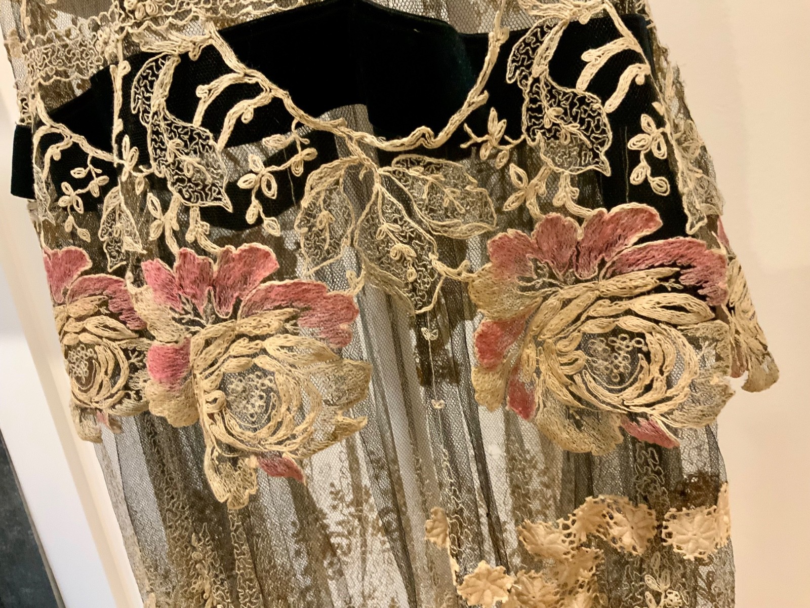 Rare 1920s French Lace Dress. Black Net & Pink Floral Embroidery. Restored S