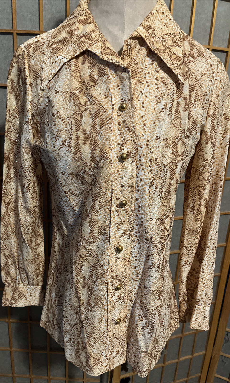 Vintage 70’s Mod Retro Shirt Leopard Graphic Long Sleeve Disco Blouse Size 12