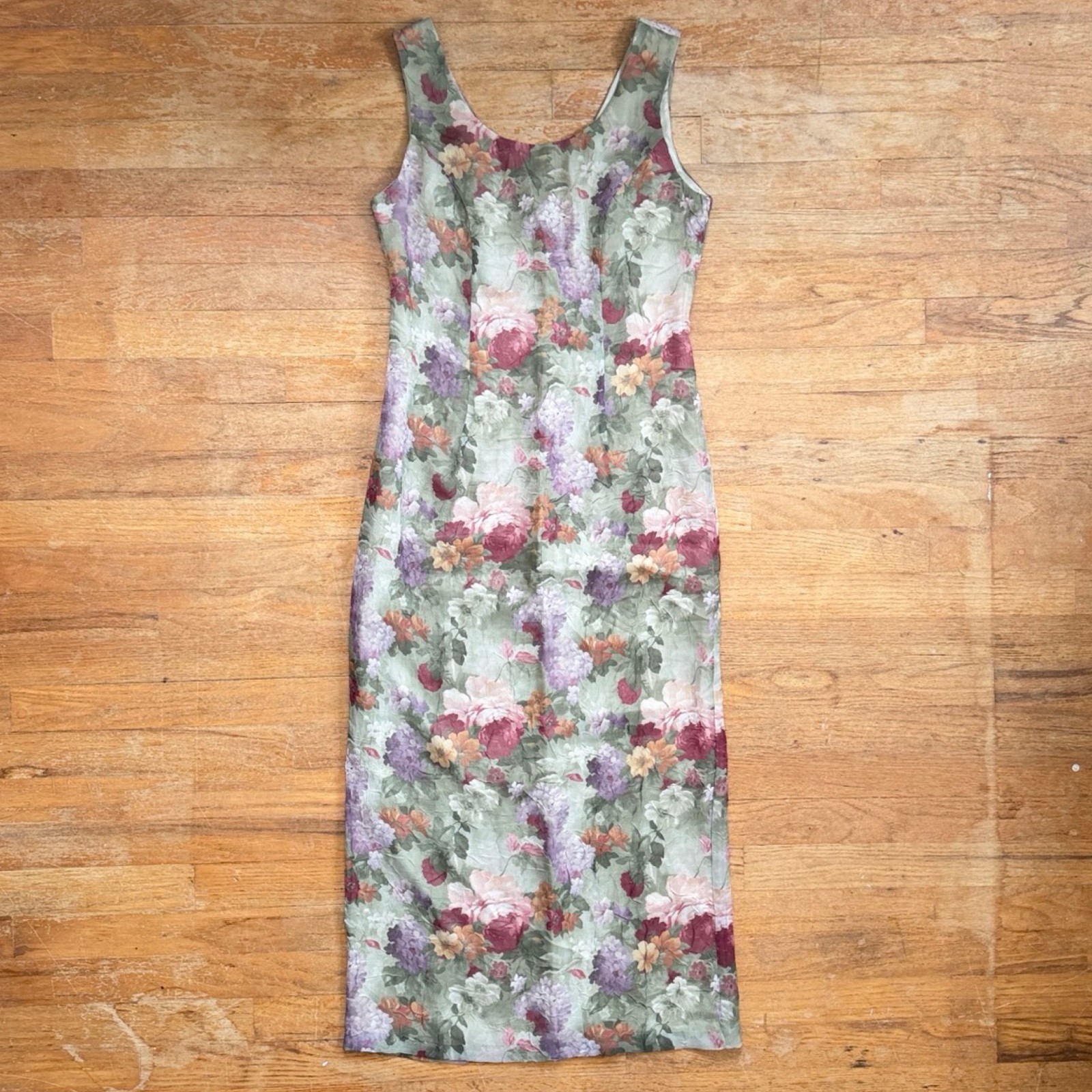 Vintage Floral Print Maxi Dress Size Small Sleeveless Crinkled Botanical Garden