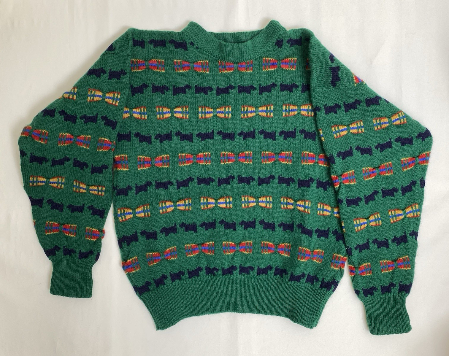 VTG 80s Scottie Dog Sweater MED Shetland Wool The Scotch House Green Plaid Bows