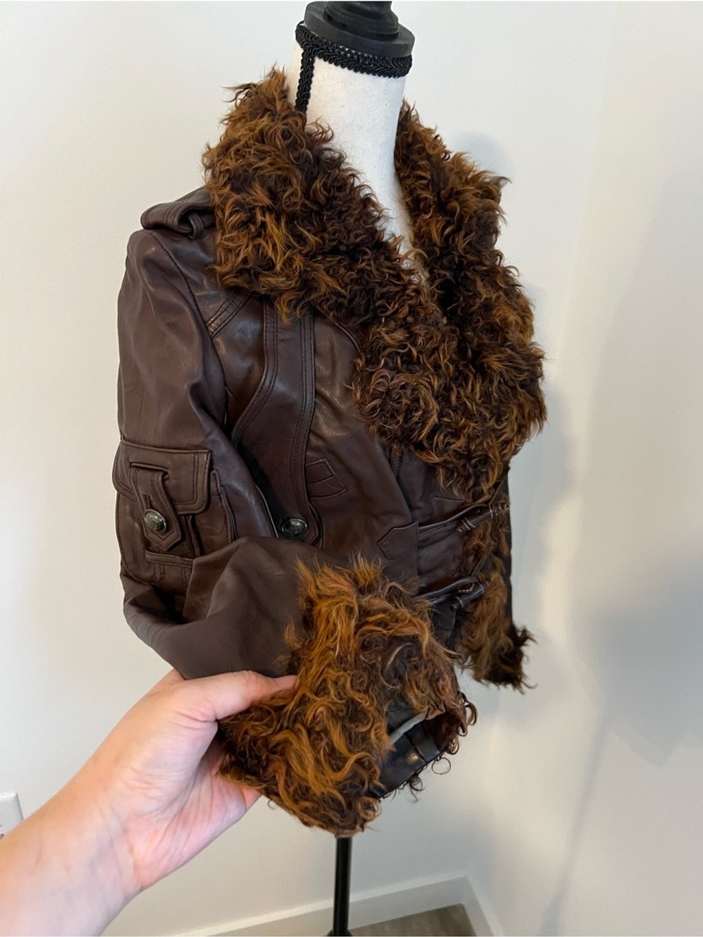 Vintage Brown Genuine Leather Shearling Moto Jacket Fur Collar Toggle Size XS-S