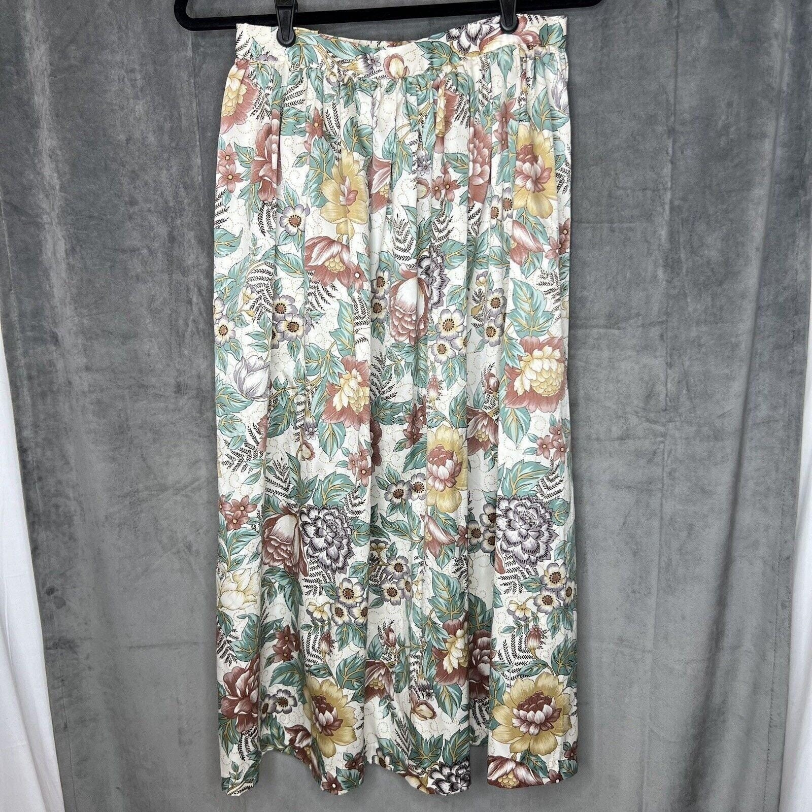 Vintage Diane Von Furstenberg Floral Midi Skirt Tan Pink Green Botanical Sz 12