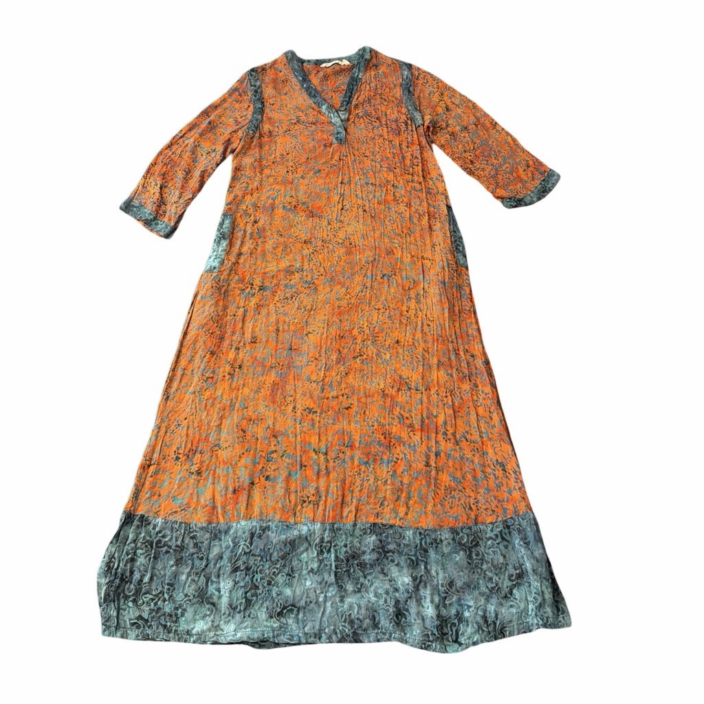 Soft Surroundings V Neck Bohemian Batik Caftan Spice Tone & Teal Dress S