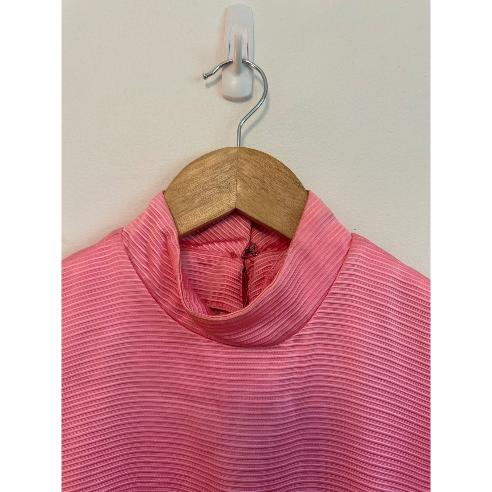 Vintage 70s Pink Ribbed Mock Neck Rhinestone Button Column Gown
