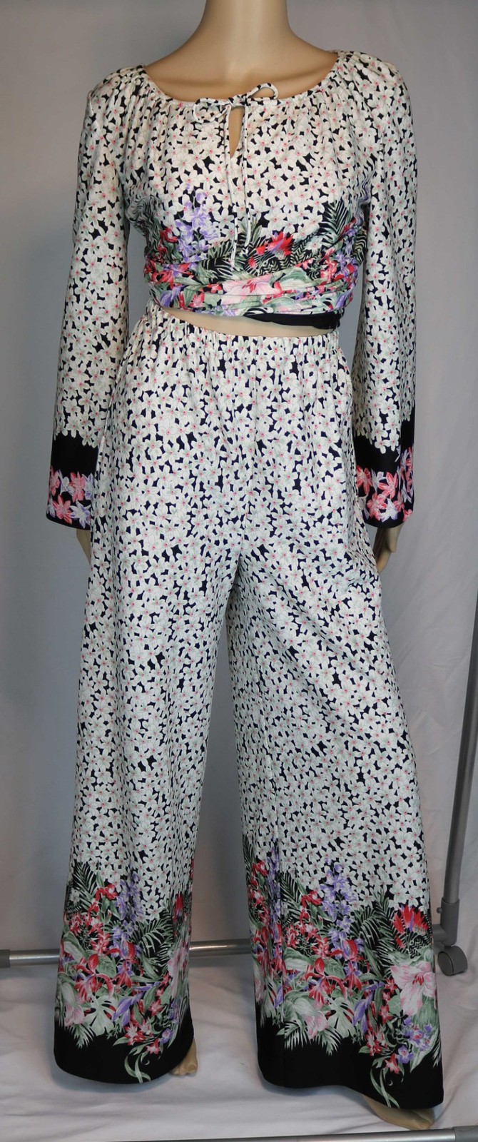 NWT Vintage Wide Leg Palazzo Pant Top Set Hawaiian Tropical Floral 1960s 70s 10