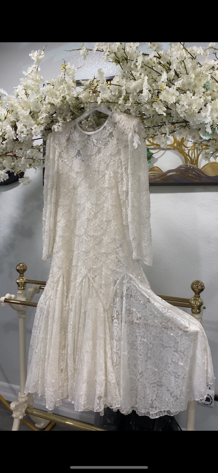 Vintage BRILLIANTE by J.A. White Beaded Wedding Dress Pearls Lace Size XL