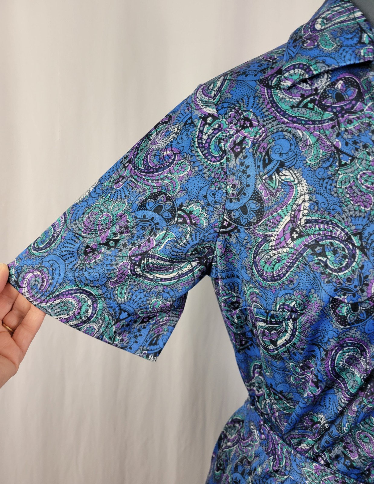 Vintage Ina Carol Blue & Purple Paisley S/S Dress w Matching Tie Belt Size 14