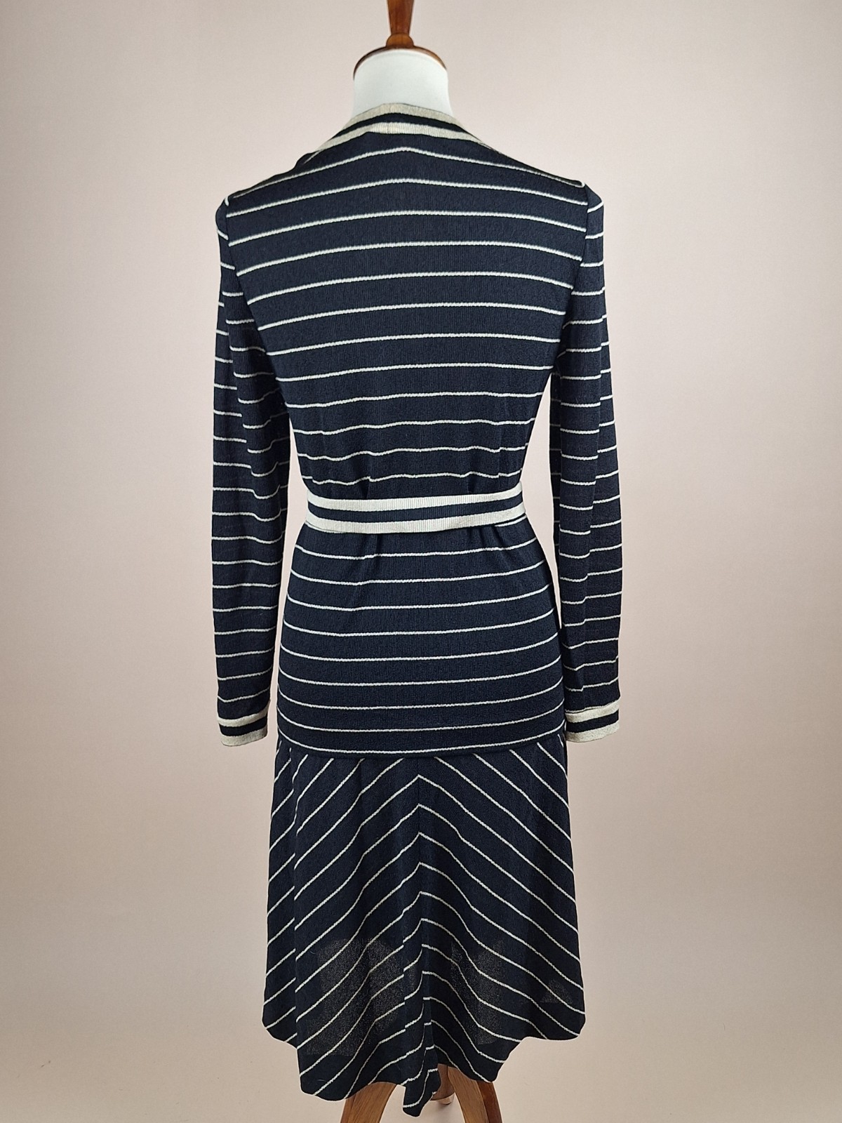 Vintage 1960s Black And Cream Knit Set Sweater Cardigan And Skirt With Ties