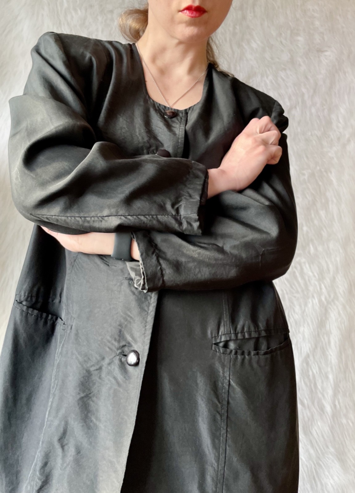 Vtg 80s Jacket 100% Silk Black Jacket Bold Shoulders European Fashion Minimalism