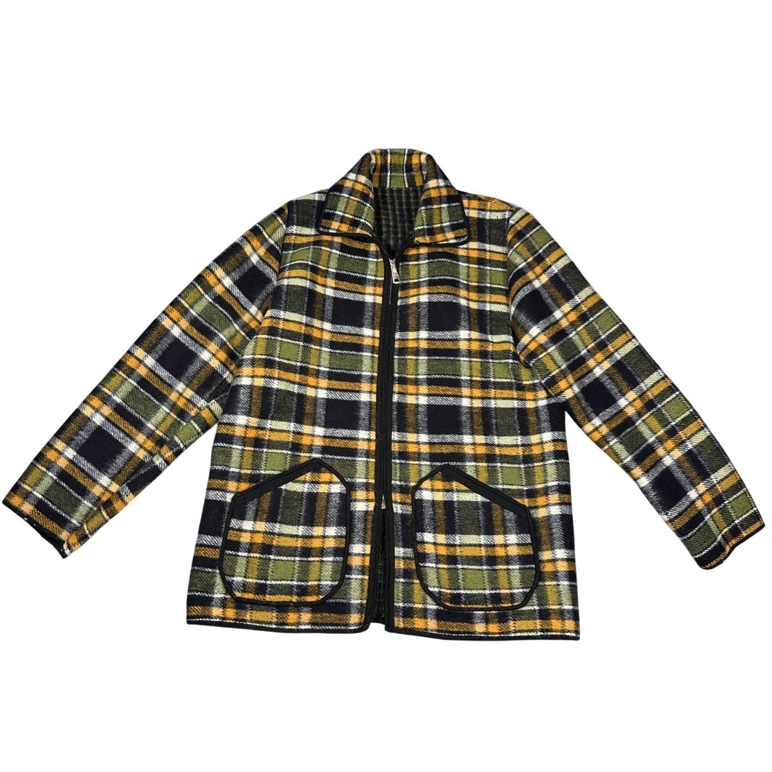 Vintage 1970s Reversible Wool Coat Plaid Stripe Green Yellow Black Zip Jacket