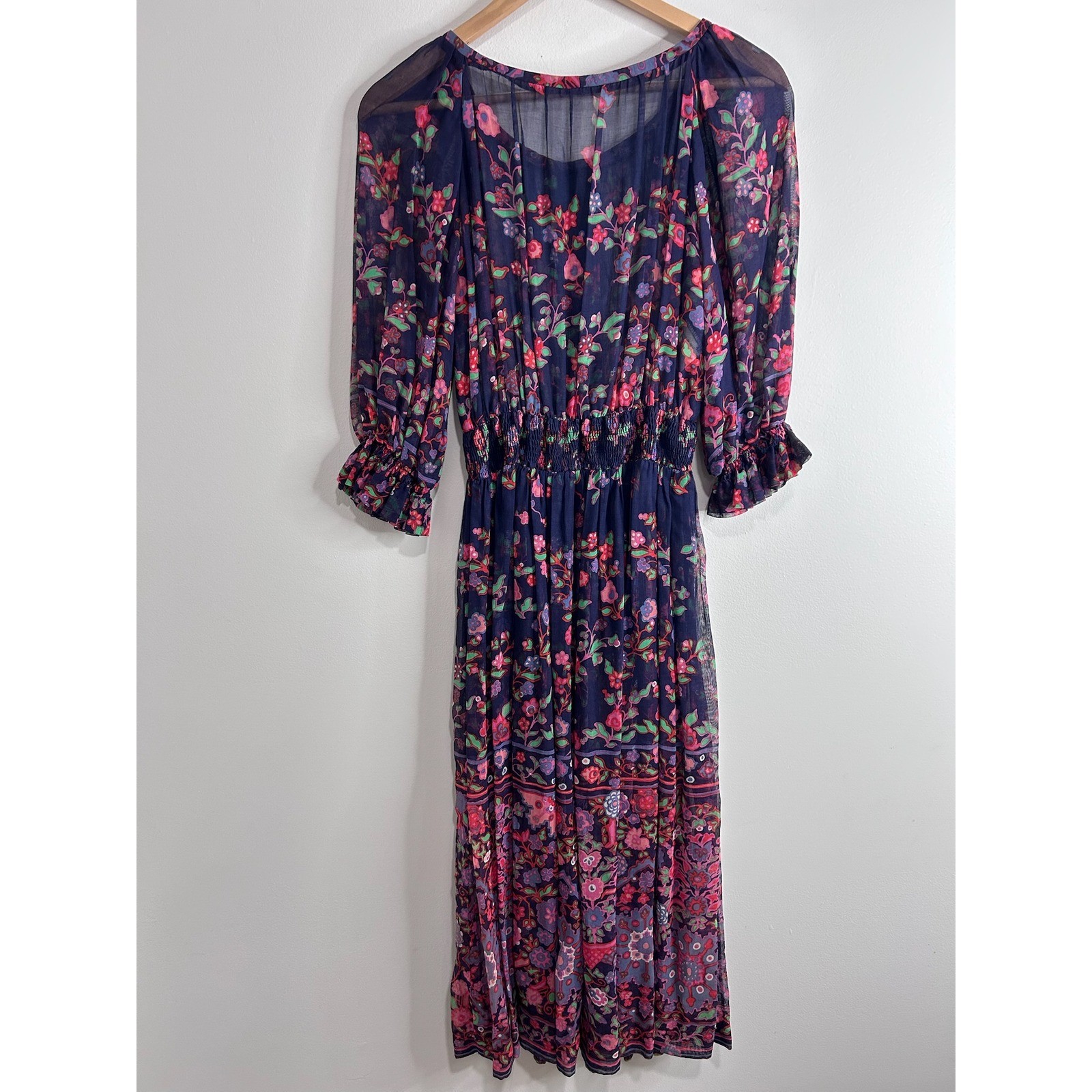VintageTed Lapidus Paris Floral Dress Sz 42 Navy Blue Boho Ruched Feminine Fairy