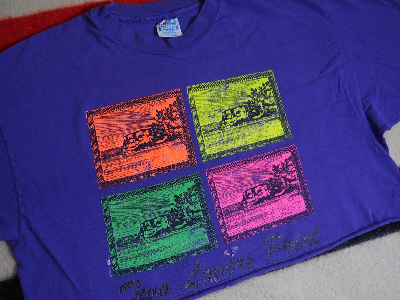 VTG 80s 90s Hanes Lovers Point Guam Pop Art USA Purple Crop Top Tee T-Shirt XL