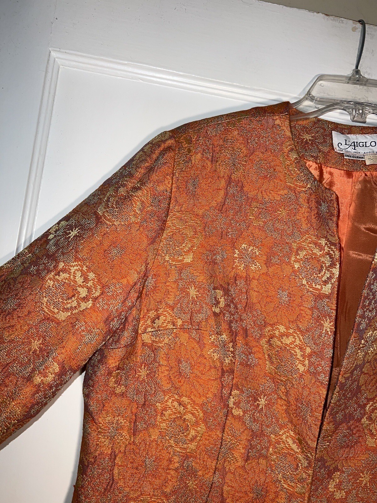 Vintage L’Aiglon 1950’s Orange Floral Rayon Brocade Dress Jacket Size M. d240