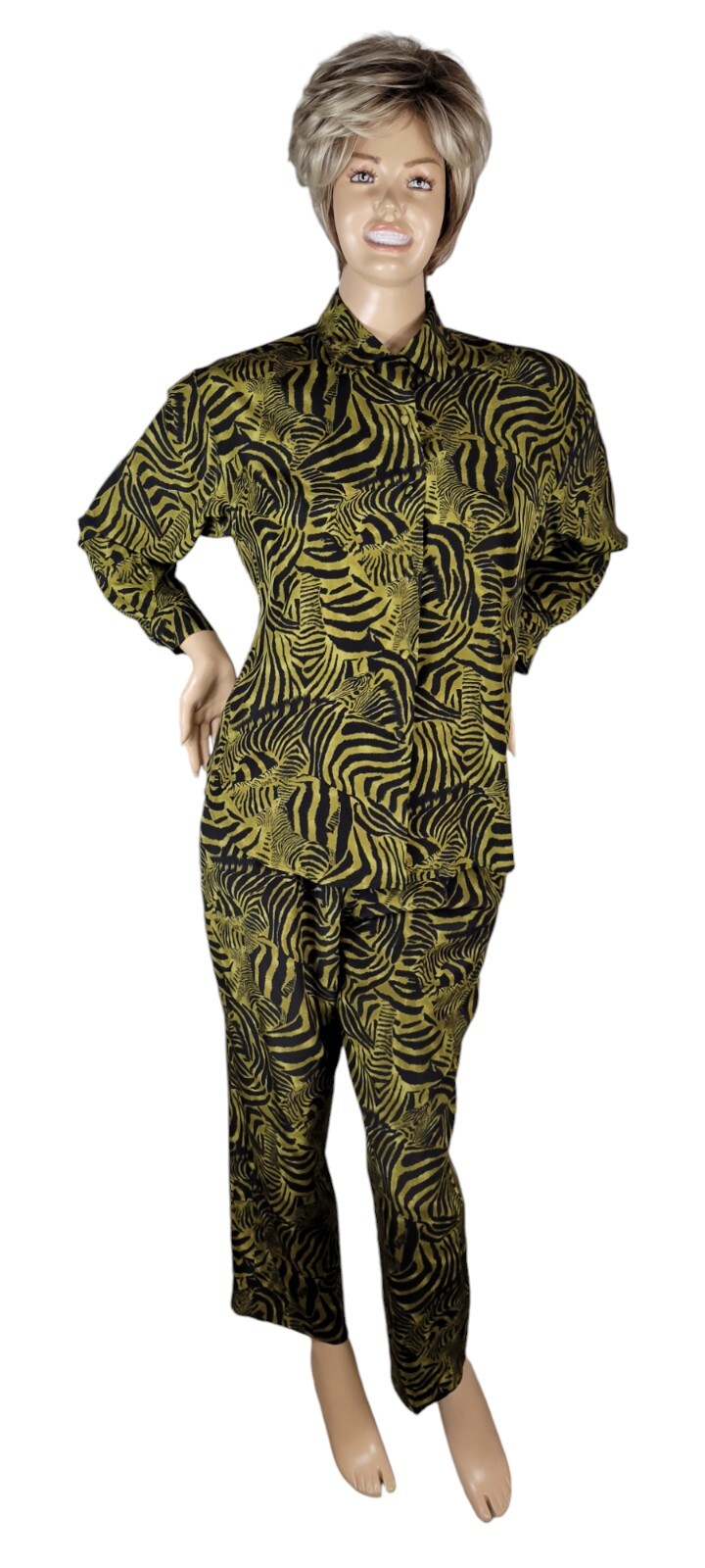Vintage Ann May 100% Silk Zebra Green & Black Animal Blouse & Pant Suit Set 8