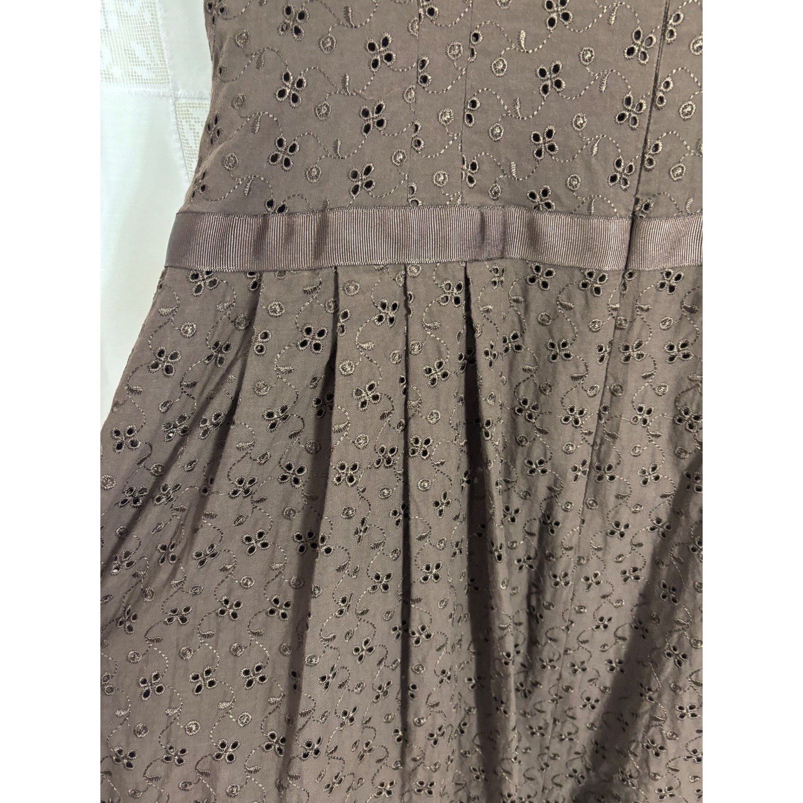 VTG Brown Cottage Twee Bow Front Babydoll Cotton Eyelet Midi Dress Size XL