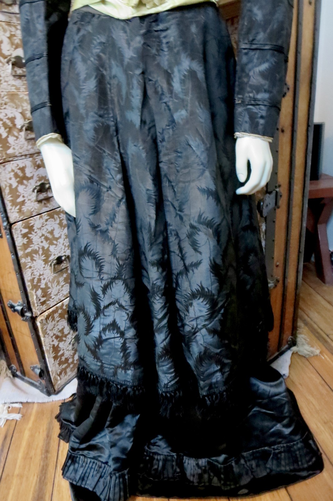 Antique 1860s Black Silk Mourning Dress Fern Pattern Fringe & Ruffle 2 Piece