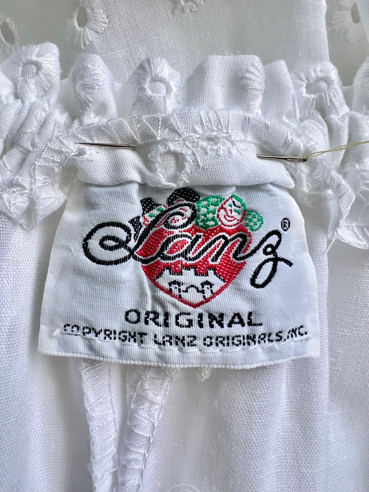 VTG 70s Lanz White Eyelet Lace Off Shoulder Ruffle Cotton Midi Prairie Dress S