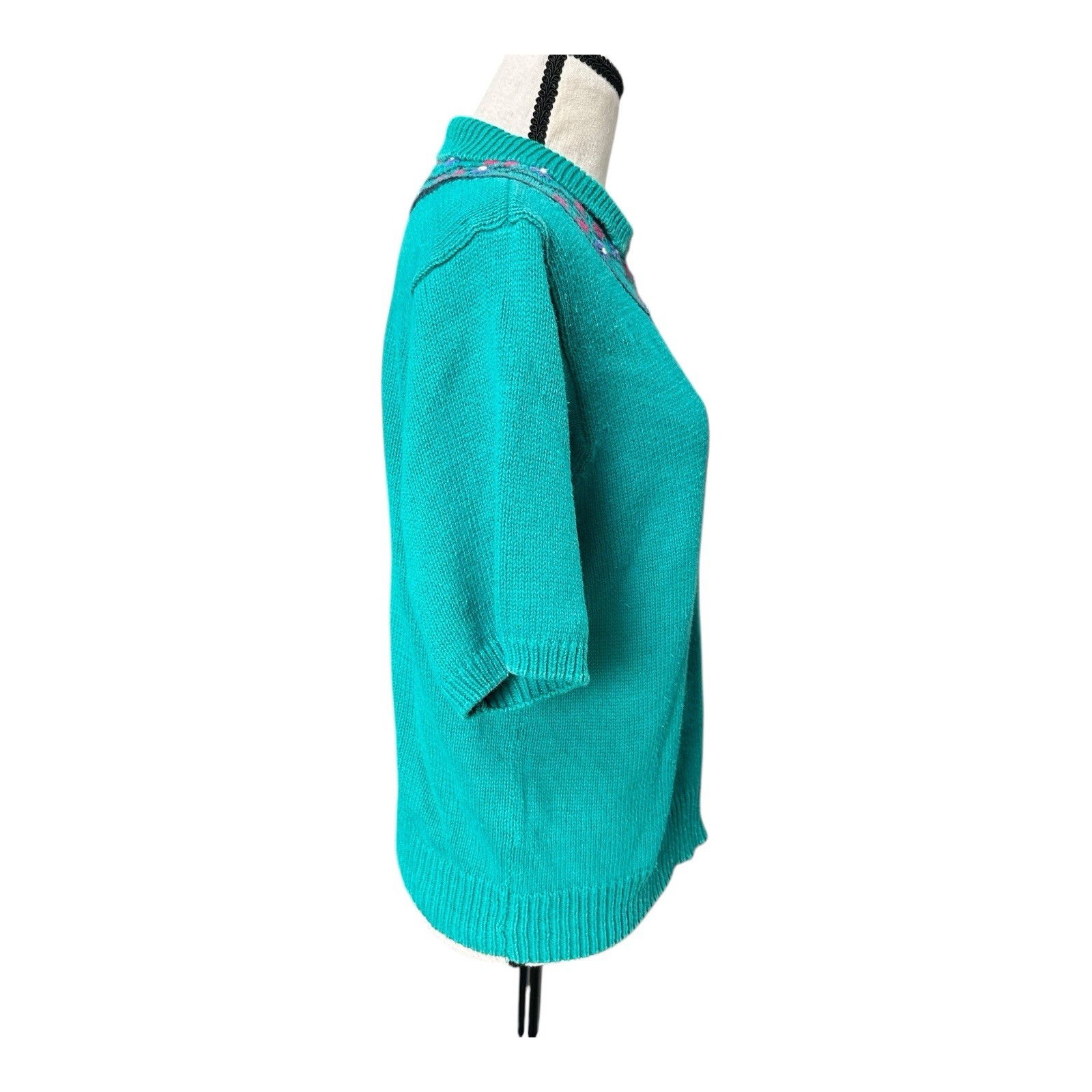 VTG 80s 90s Robert Scott Ltd Teal Knit Floral Embroidered Collared Sweater Sz M