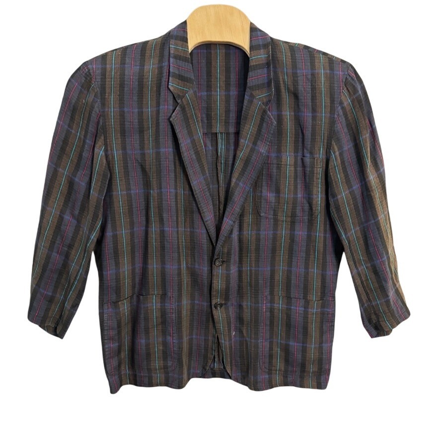 Vintage Paul Costelloe Irish Linen Plaid Blazer Brown Teal 3/4 Sleeve Size 42