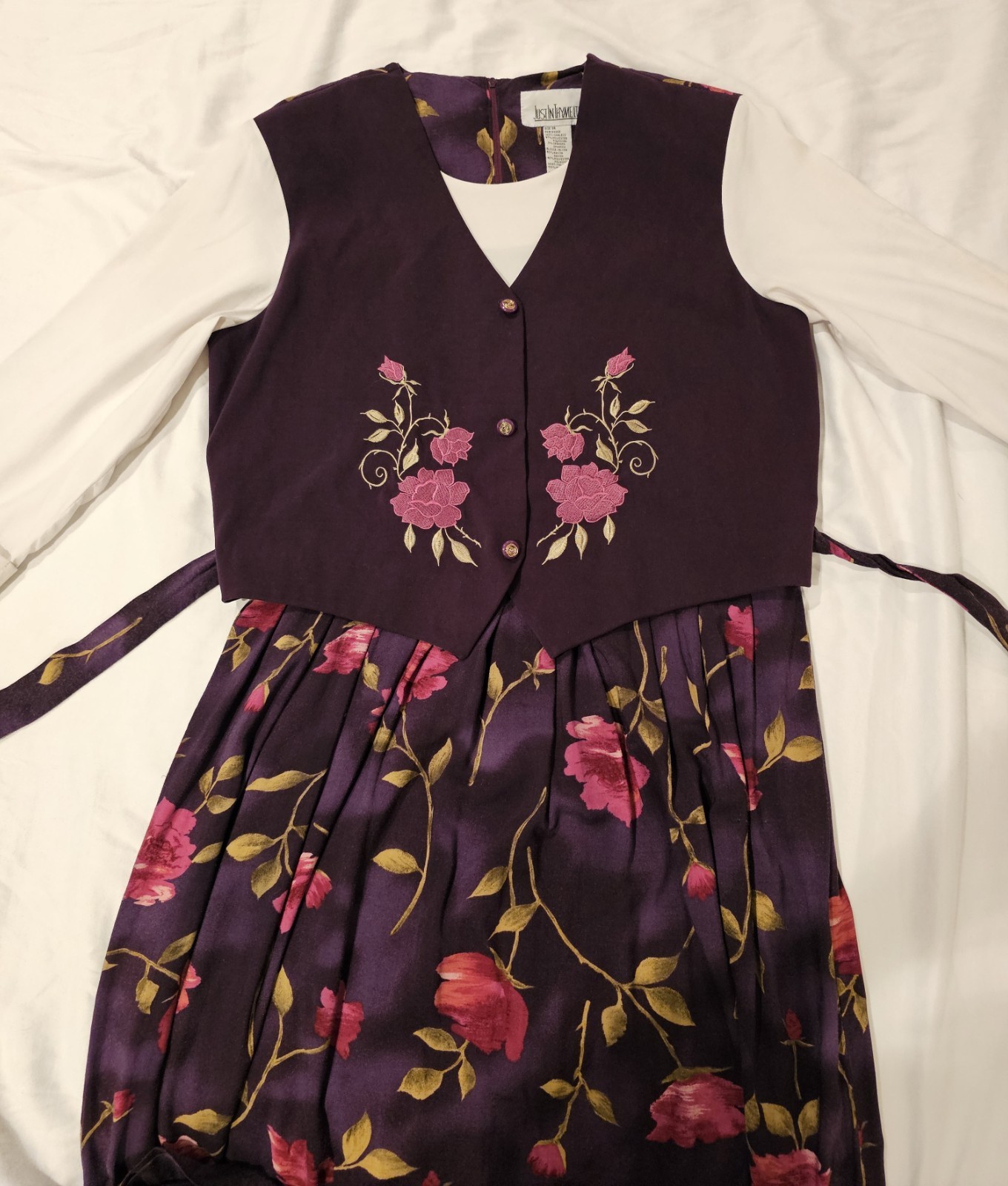 VTG Just In Thyme Dress Purple Rose 80s 90s Tie Waist Vest Size 14 WHIMSIGOTH