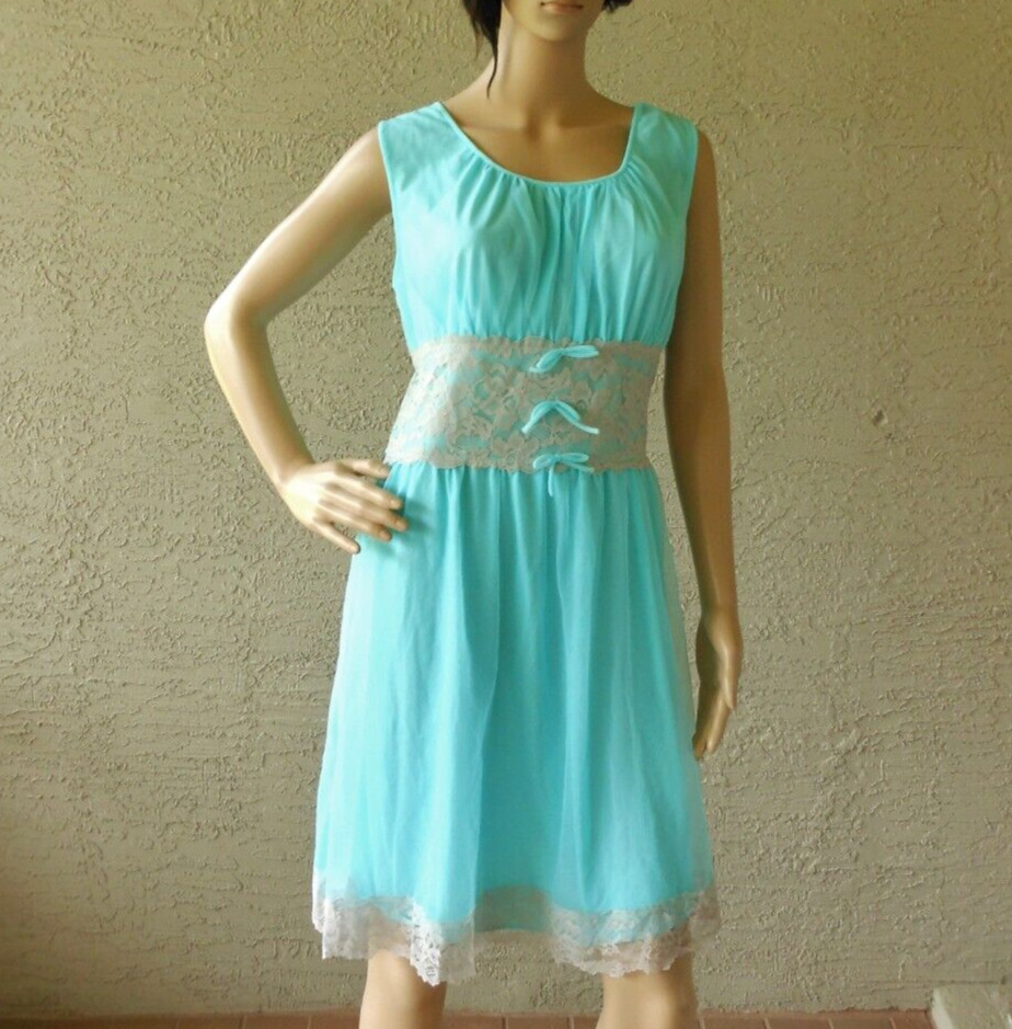 Vintage 70s Aqua Blue Nightie Size M/L Sheer Chiffon Lace Negligee Boudoir