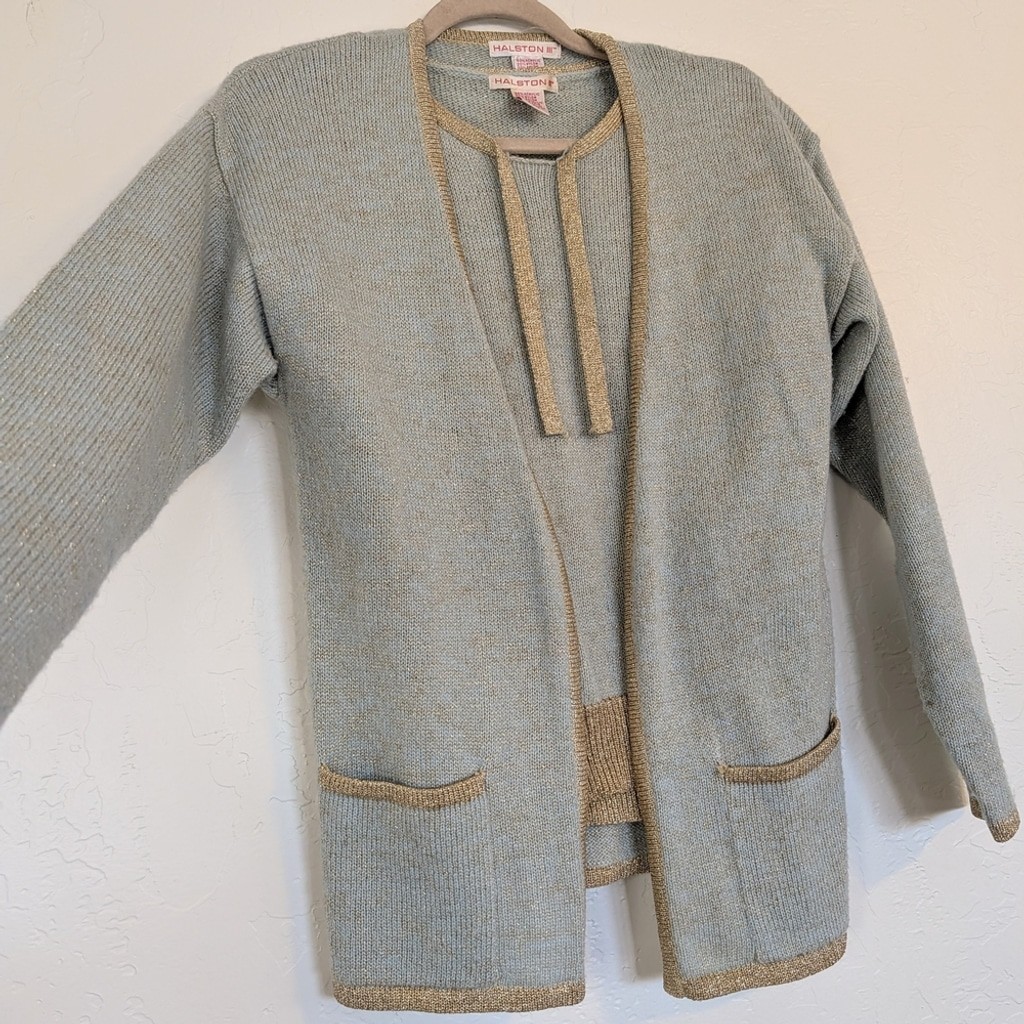 VTG Cardigan Short Sleeve Sweater Set Light Mint Green Gold Trim 80s Grandmacore