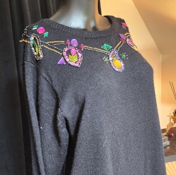 PLAIN JANE VINTAGE JEWELED SWEATER DRESS BLACK LARGE