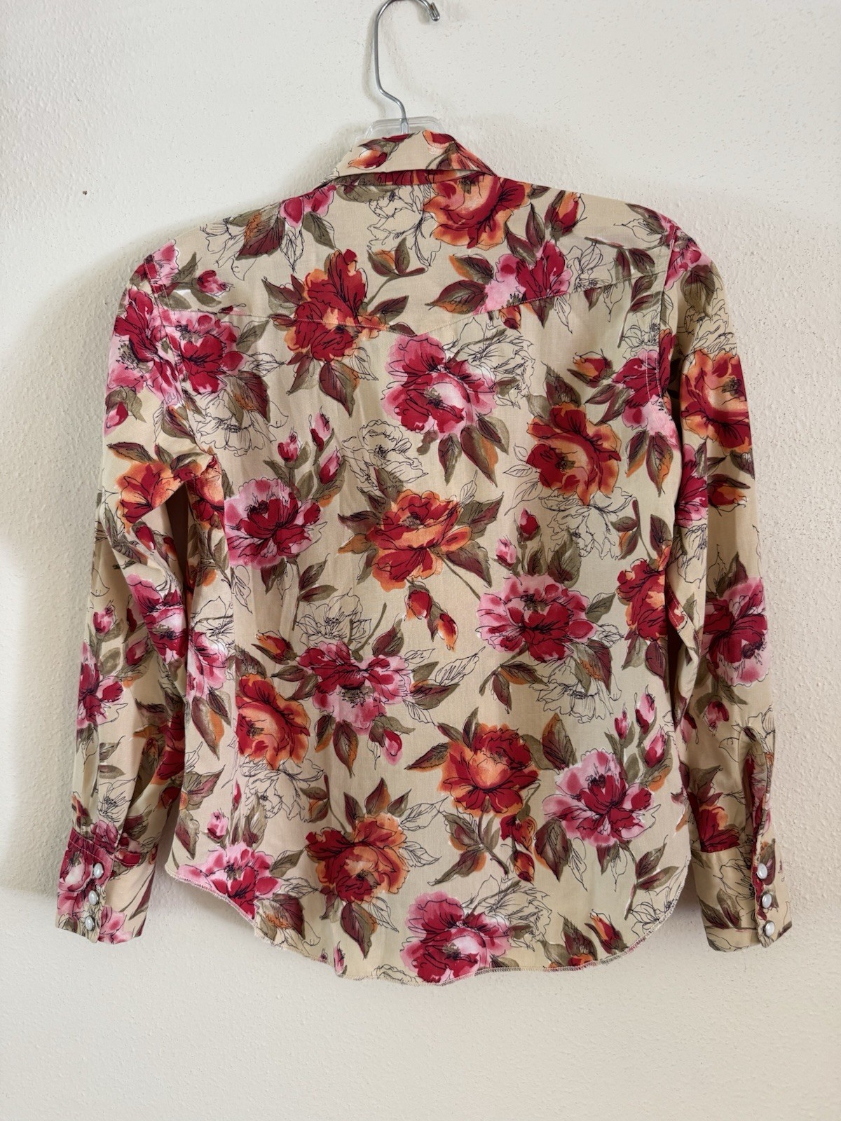 H Bar C Western Pearl Snap Ruffle Blouse Floral Rockabilly Shirt USA S Vintage