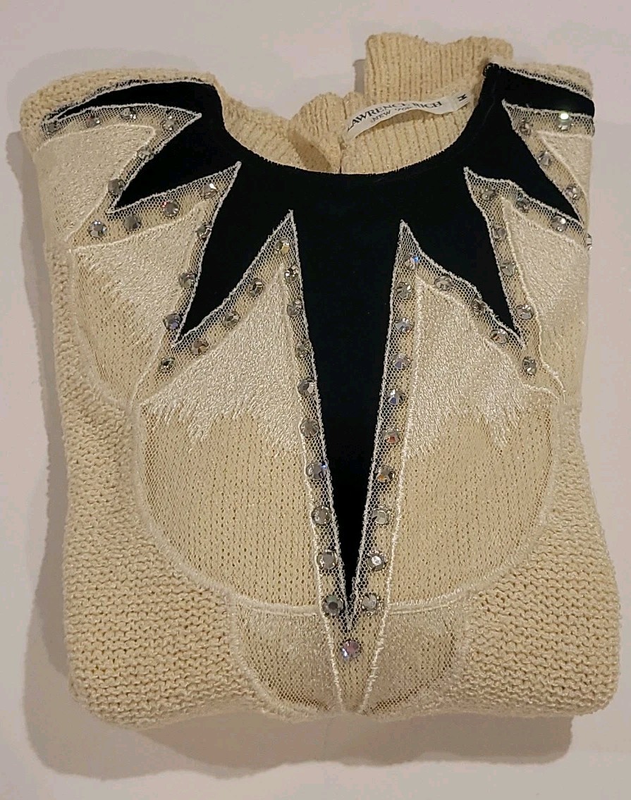 80s Ladies Sweater Lace Velvet Rhinestones Black Ivory Vtg Dressy Sz M New York