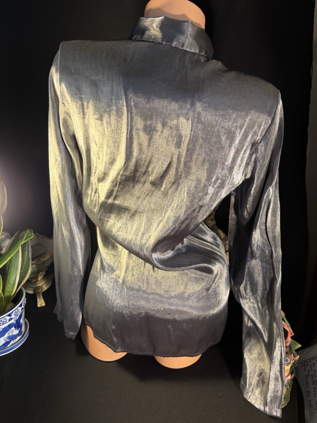 Vtg Satin Secretary Office Button Up Notch Silver Office Y2k Blouse L 42″