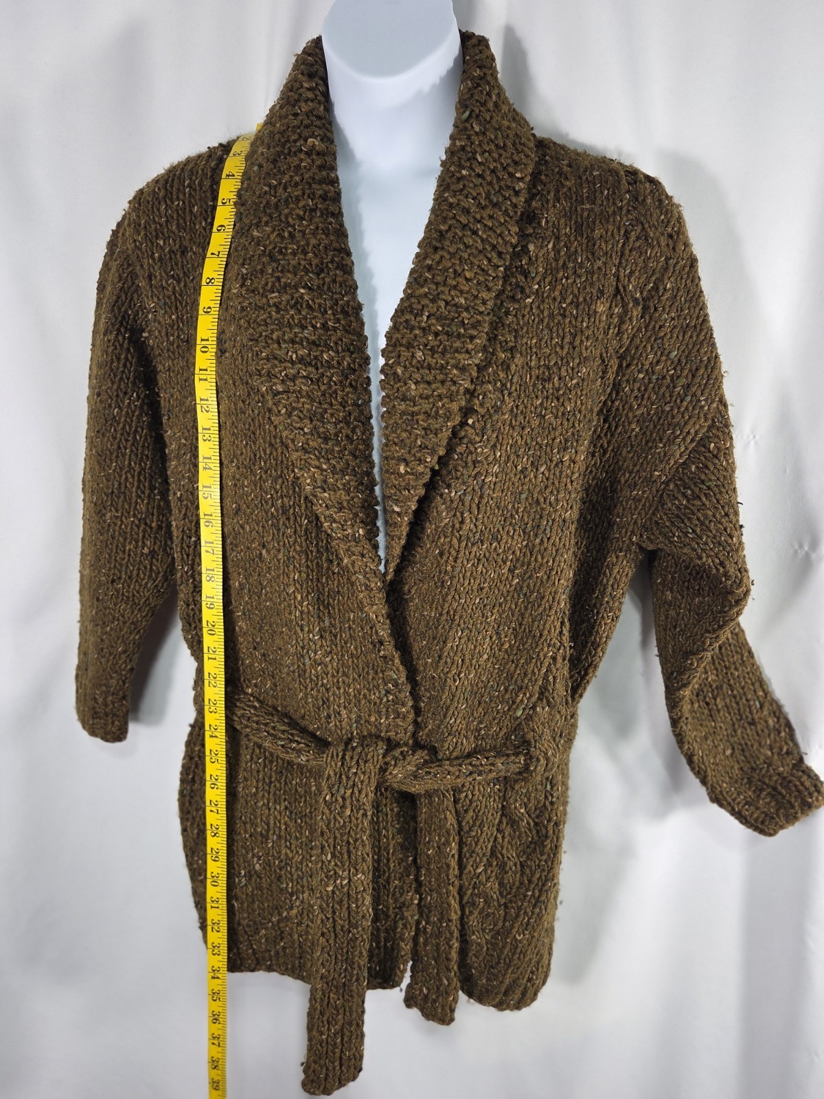 Vintage Women’s Perry Ellis Handknit Wool Belted Cardigan Olive Brown Size S