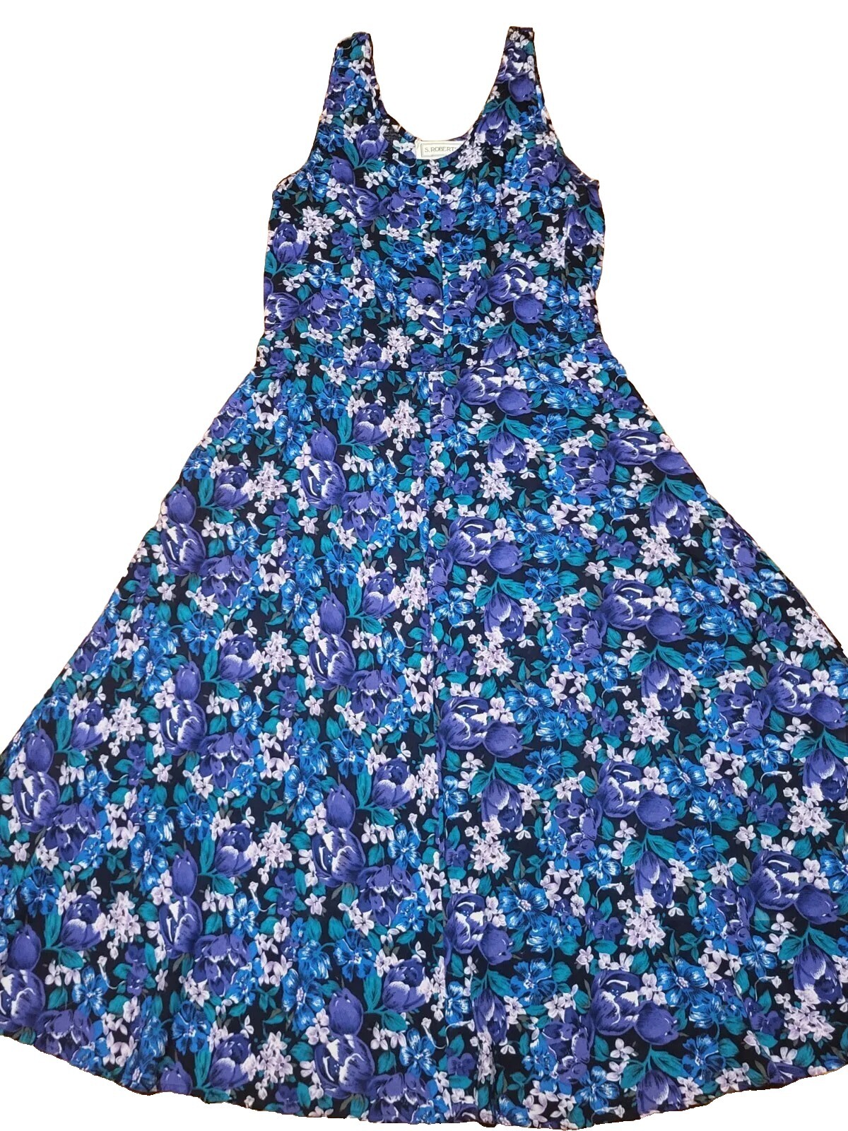 Vintage S Roberts Size 11 Dress Purple Green Blue Floral Button Front Sleeveless
