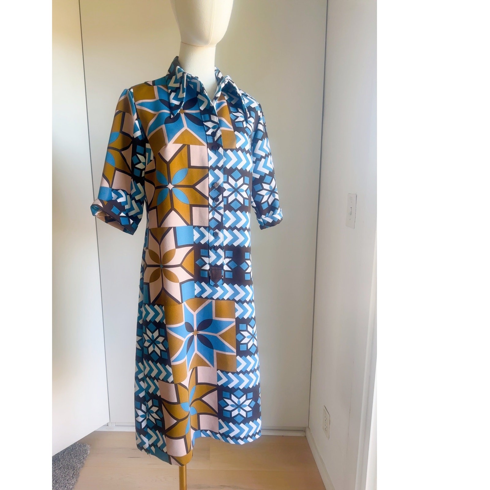 Vtg 70s LANVIN Paris OP Art MOD Dagger Collar Shirt Dress Sz M 8-10 Fit