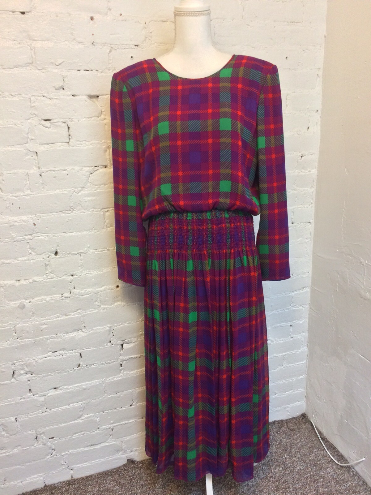 William Pearson Vtg 80s Silk Blouson Dress Pink Plaid 10-12 Secretary Office