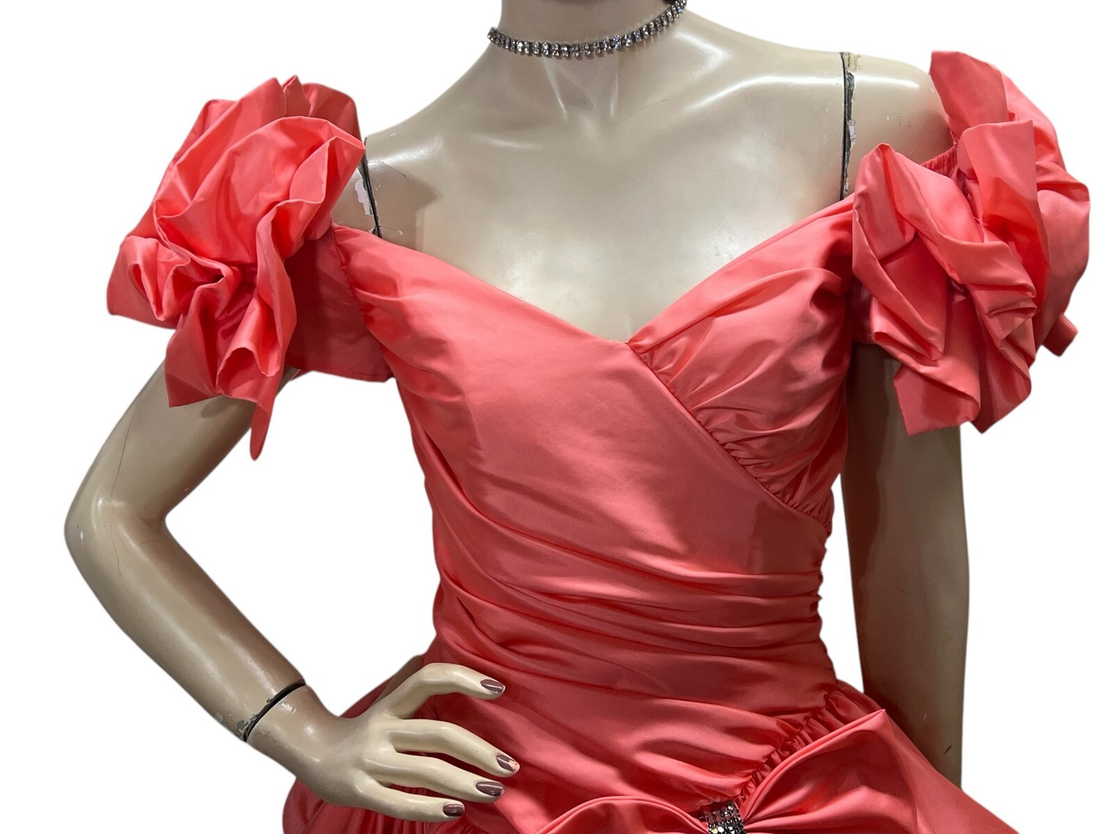 Vtg 80s Sz 4 Coral Party/Prom Mini Dress Karen Lucas Niki USA Big Bow Peplum